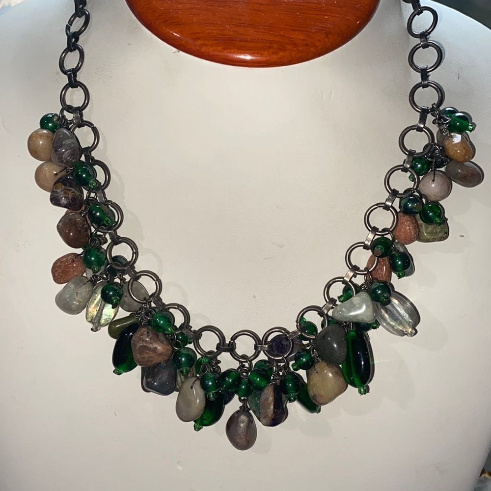Vintage Semi Precious Stone & Green Glass Cluster Necklace